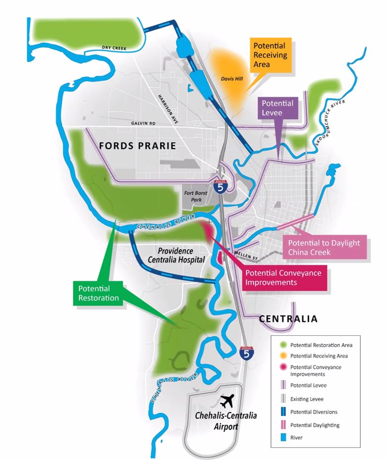 This map shows the LAND Steering Group’s fifth concept for a potential non-dam alternative for flooding. It includes diverting the Chehalis River through neighborhoods around Providence Centralia Hospital.